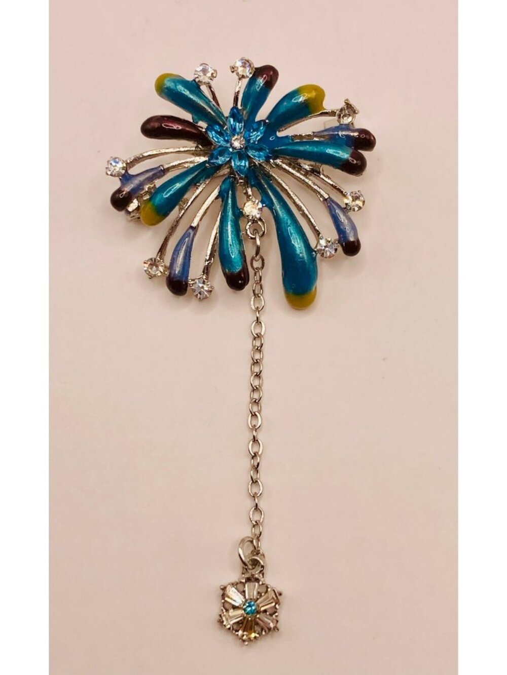 Colorful Flower or Firework Brooch Rhinestones & Dangling Charm Blue Purple -36B